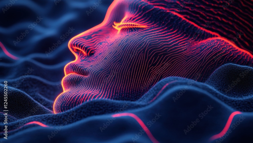 Poster abstract representation of a human face with intricate lines and glowing neon colors, surrounded by 