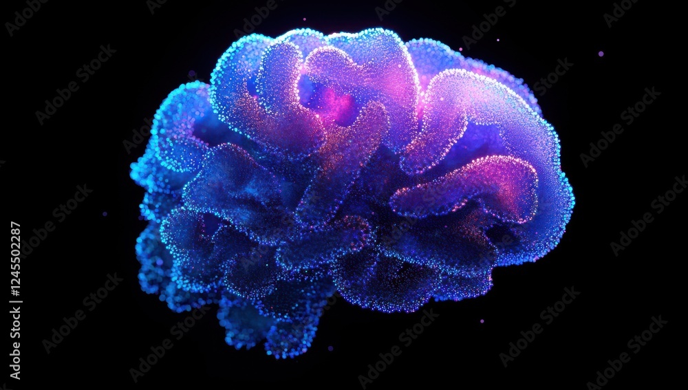 Poster abstract representation of a vibrant organic structure glowing with colorful light, depicting creati