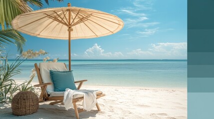 Obraz premium A beige and teal color scheme for a beach chair and umbrella, clear and simple 