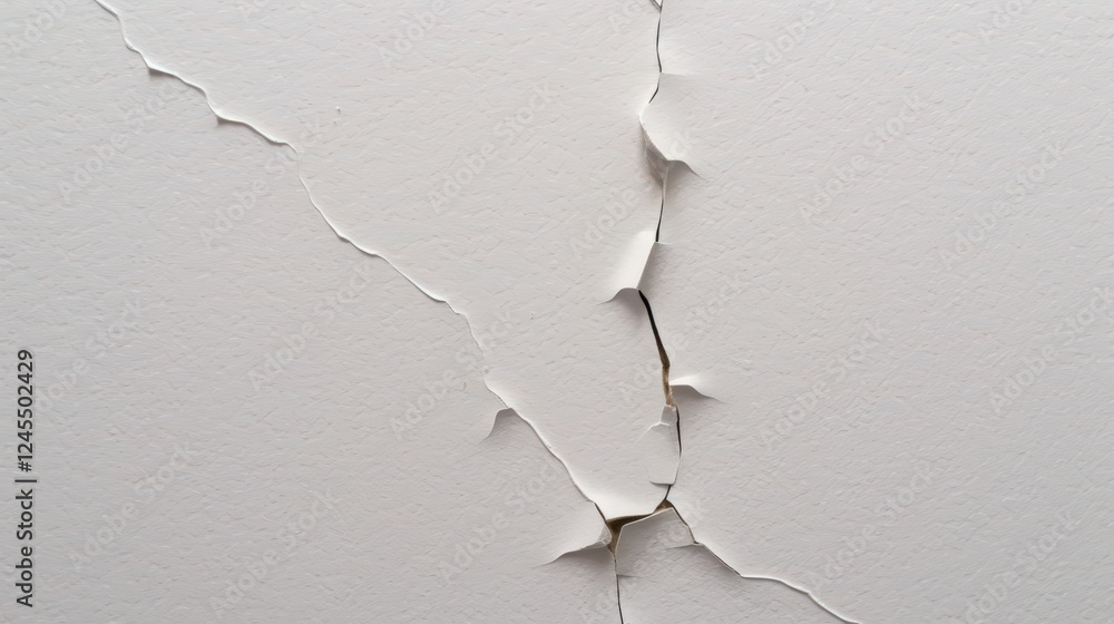 Poster cracked white surface with texture and depth showing signs of wear and tear on an empty wall, abstra
