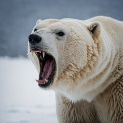 "A polar bear roaring with its mouth wide open, showing sharp teeth and a powerful expression. The background is completely white for contrast."