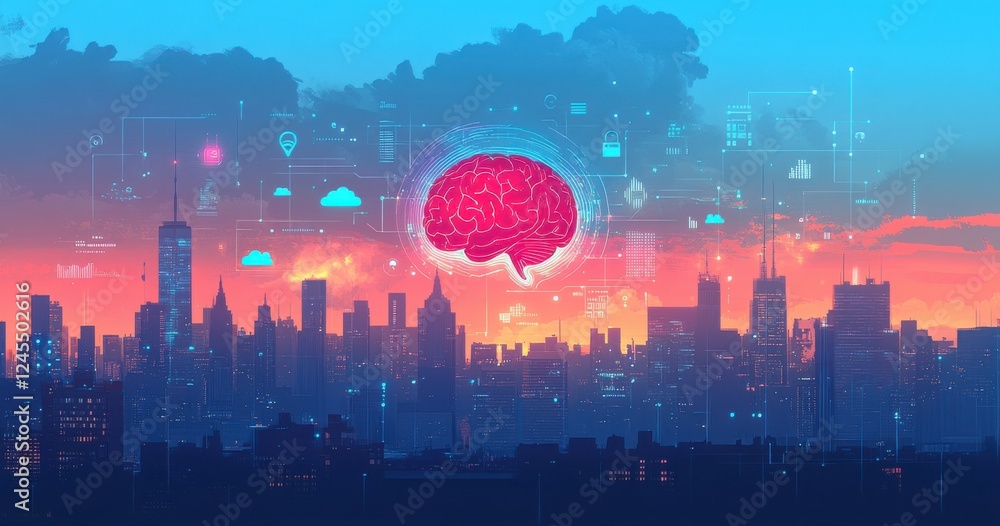 Poster abstract representation of artificial intelligence with a brain overlay above a vibrant city skyline
