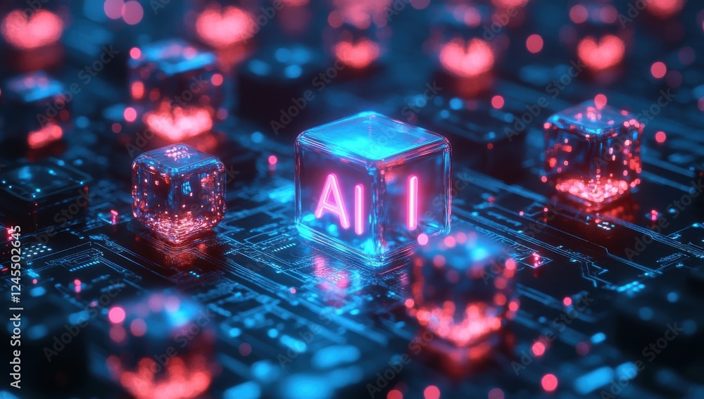 Poster abstract representation of artificial intelligence technology with glowing cubes and vibrant colors 