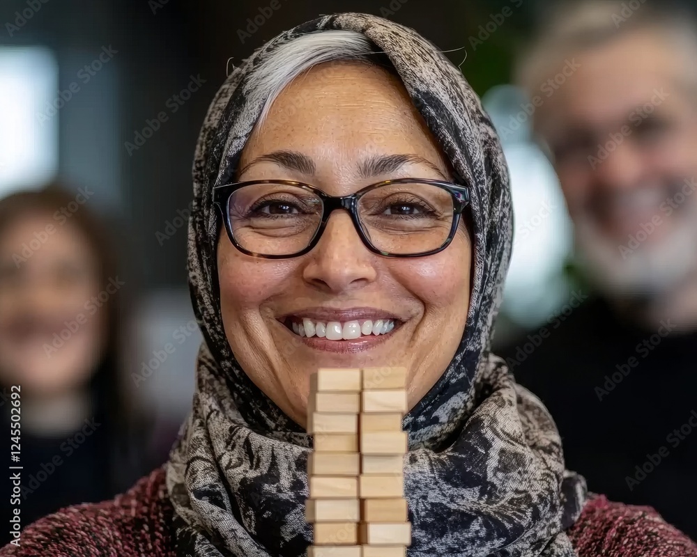 Aufkleber Dynamic Team Building Multicultural Collaboration with Wooden Blocks - Enhancing Workplace Synergy and Sustainable Growth for Diverse Business Innovation