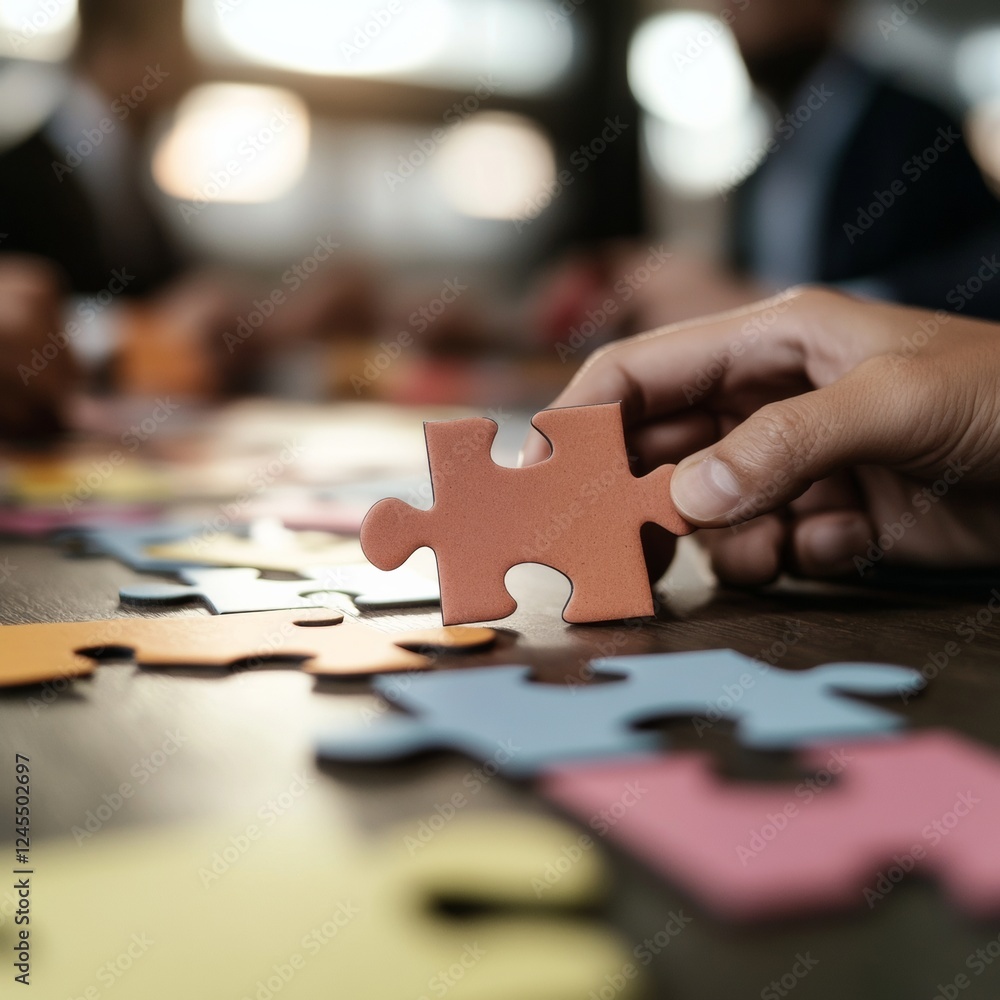 Leinwandbilder modern team dynamics diverse hands assembling puzzle pieces on a textured wooden table enhancing cor