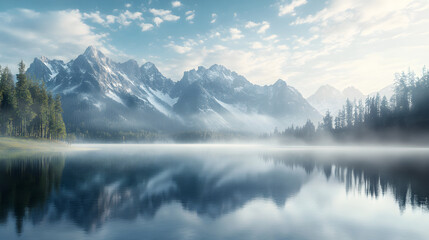 Serenity at Dawn: A Majestic Mountain Lake Wrapped in Morning Mist