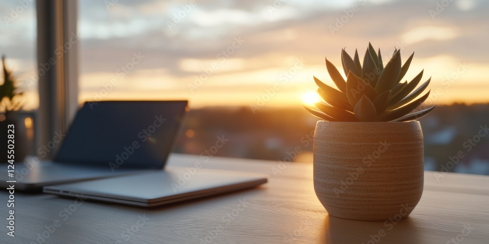 Poster Serene Workspace Aesthetic Minimalist Laptop and Notebook on Wooden Desk with Succulent at Sunset - Remote Work Content for Modern Business Efficiency