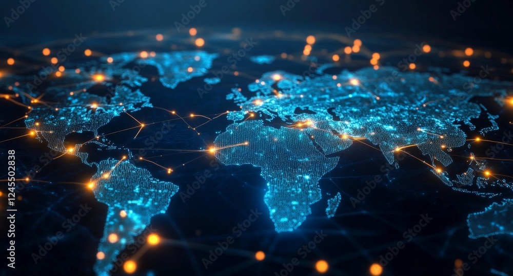 Poster global network connections, illuminated earth, digital data flow, background nodes