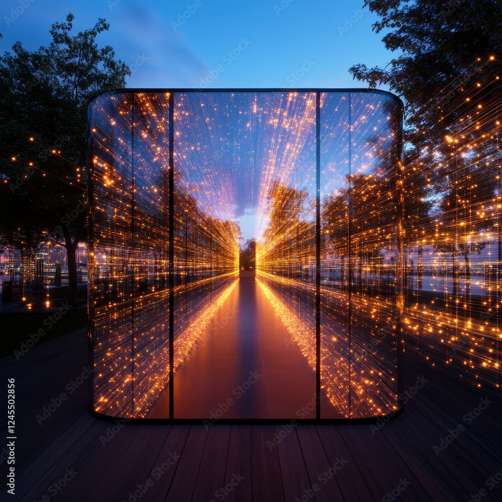 Poster Immersive Tech Display Futuristic Data Encryption Wall with Dynamic Light Reflections - Cybersecurity Visualization and Interactive Design for Corporate Innovation
