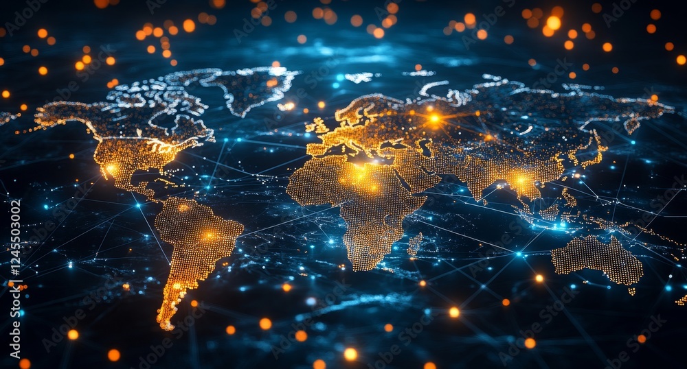 Aufkleber global network connection map; data flow, glowing nodes