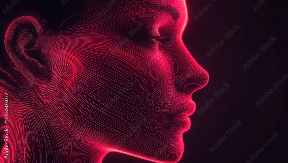 Poster abstract representation of human face with vibrant neon lines showcasing digital art and futuristic 