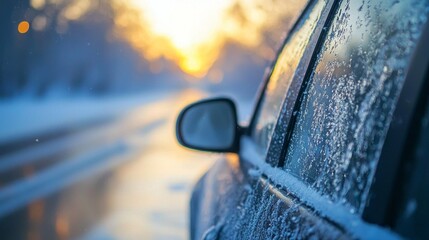 Morning light breaks through a winter landscape, illuminating ice crystals on a parked car. The serene snowy road ahead reflects the warm hues of dawn, creating a tranquil atmosphere