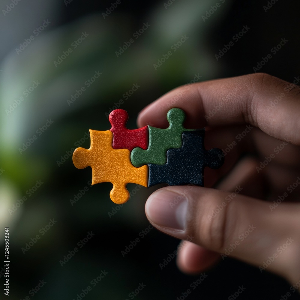 Poster modern collaborative puzzle diverse skin-toned hands with colorful pieces on glass table - social un