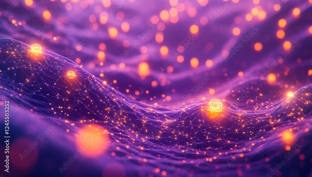 Poster abstract representation of interconnected nodes and glowing particles in a digital landscape, illust