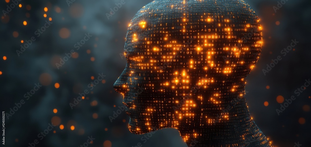 Poster abstract silhouette of a human head illuminated with glowing binary code and digital particles, repr