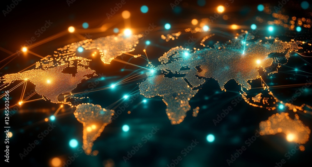 Poster global network connection map, glowing nodes, dark background, data visualization