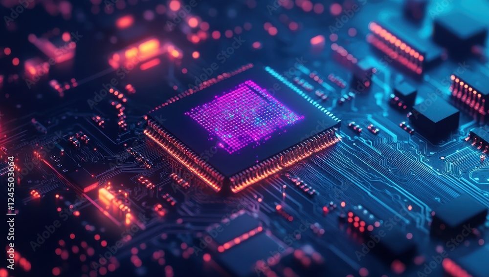 Aufkleber abstract technology background with microchip and neon lights in a futuristic digital environment