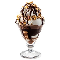 decadent ice cream sundae with chocolate sauce, nuts, and whipped cream, placed on clean white background, offering visually stunning indulgent dessert experience with rich, creamy texture.