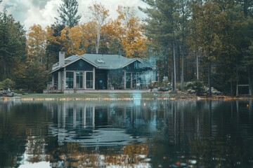 Obraz premium Lake house enhanced with floating holographic visuals for AI-driven weather insights.