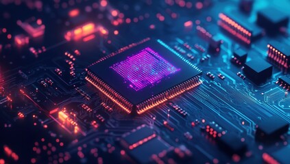 Obraz premium Abstract Technology Background with Microchip and Neon Lights in a Futuristic Digital Environment