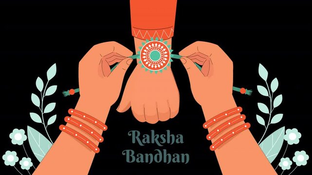 Illustrate the bond of Rakshabandhan with flat character design animation. Stylized characters exchange rakhis in a festive, minimalistic style, highlighting the joyful celebration of siblings.