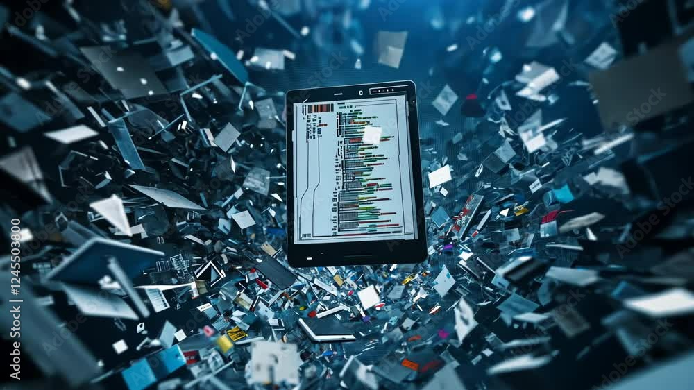 Poster digital devices surrounded by flying documents in a dynamic technology environment
