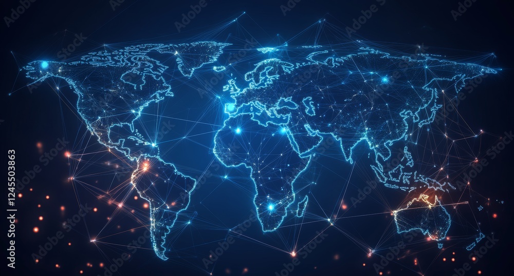 Poster global network connection map, digital data flow, futuristic background, website banner
