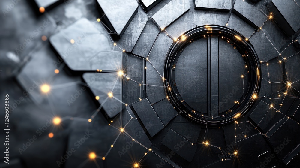 Poster abstract dark metallic background with glowing circular frame and geometric pattern.