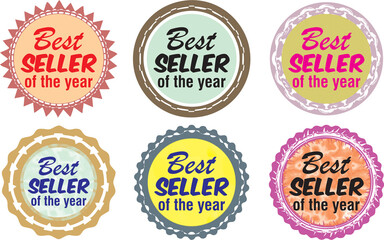 Best seller of the year badges set in multiple style. Ideal for sale offer posts on social, electronic and print media. Grunge Round Signs.