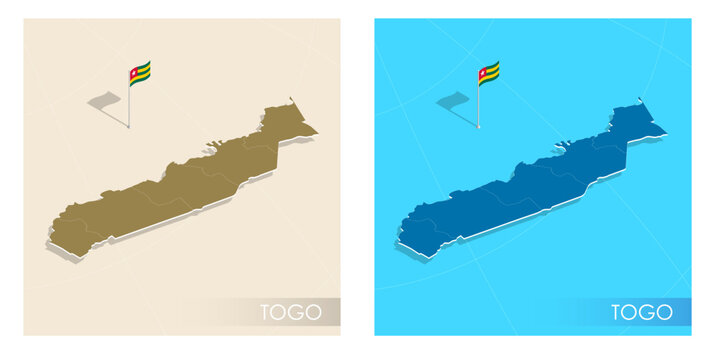 Togo country flag installed on geographic positioning map point of country territory. Togolese commonwealth banner on land and sea. Festive patriotic HD format template for independence day