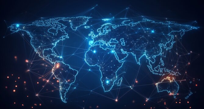 Global network connection map, digital data flow, futuristic background, website banner - Powered by Adobe