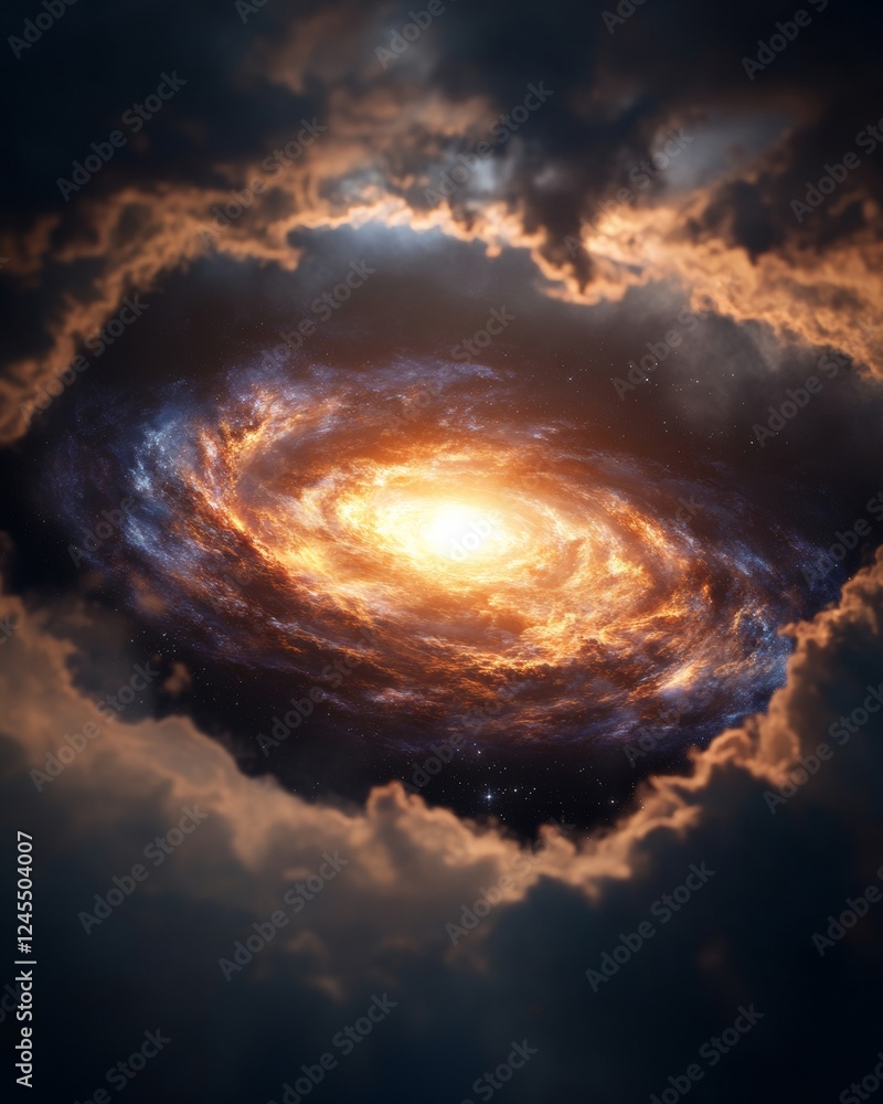 Poster dynamic cosmic vortex imagery radiant spiral galaxy in deep space - futuristic space exploration con