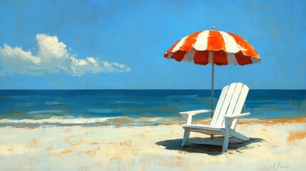 A clean white beach chair with a vibrant striped umbrella, summery simplicity 