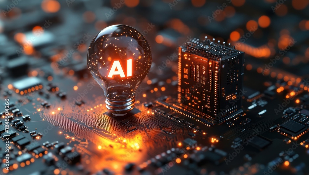 Poster ai concept with glowing light bulb on circuit board showcasing technology, innovation, and future co