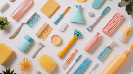 Different cleaning products and tools on white background