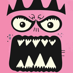 Cartoon emotion, angry, funny face, monster close up, pink and black line drawing, retro vector graphic  with big eyes and mouth wide open with sharp teeth, cute character.