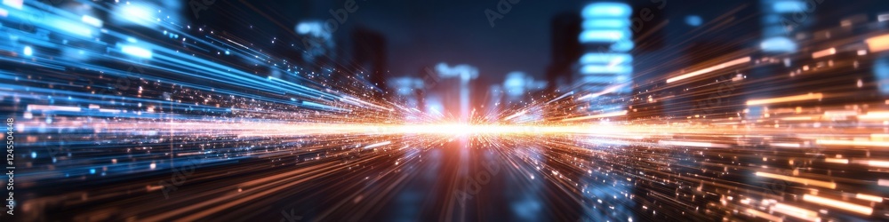 Poster immersive digital aesthetic vibrant light trails on urban backdrop - tech entertainment visuals for 