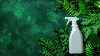 Ecological object. ECO-friendly cleaning products. The concept of natural ecological cleaning products. White bottle with spray nozzle and green leaves on a green background, copy space. mockup
