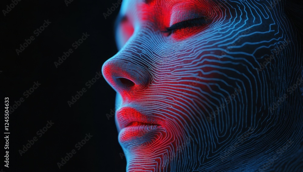 Poster artistic representation of human face with neon light patterns and abstract lines showcasing technol