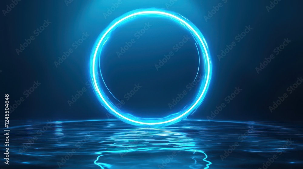 Poster 3d patch mockup surrounded by a dual oval neon blue frame with glowing sections in a minimalist sett