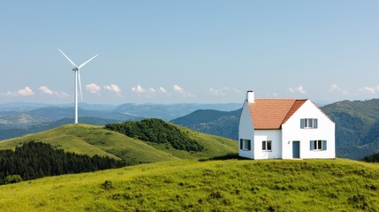 Picturesque countryside farmhouse nestled in a lush green meadow with a renewable wind turbine harnessing the power of the elements in a sustainable eco friendly manner