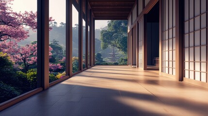 Serene Japanese Garden View from Traditional Wooden Structure