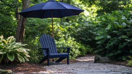 Obraz premium A dark blue chair with a matching umbrella, elegantly simple under the summer sun