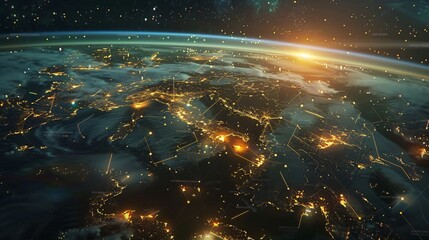 Global Network Connections Illuminated Earth at Night Digital Data Streams