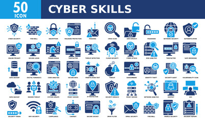 Cyber skills icon set collection. Simple color fill vector.