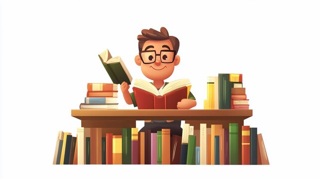 A cartoon character with glasses is happily reading surrounded by many books on shelves