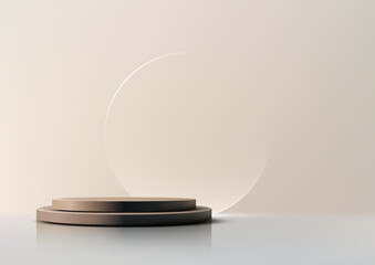 Minimalist Beige Podium Scene with Luxury Style, Muted Earth Tones, and Transparent Circular Element for Modern Product Display, Mockup, and Branding Showcase