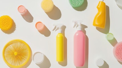 Set of cleaning products on white background