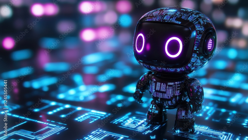 Poster charming small robot character with neon lights and digital background, perfect for illustrating tec