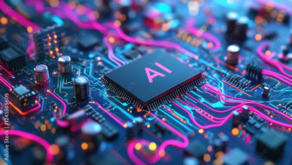 Poster close-up of a circuit board with ai chip and colorful electric pathways representing advanced techno